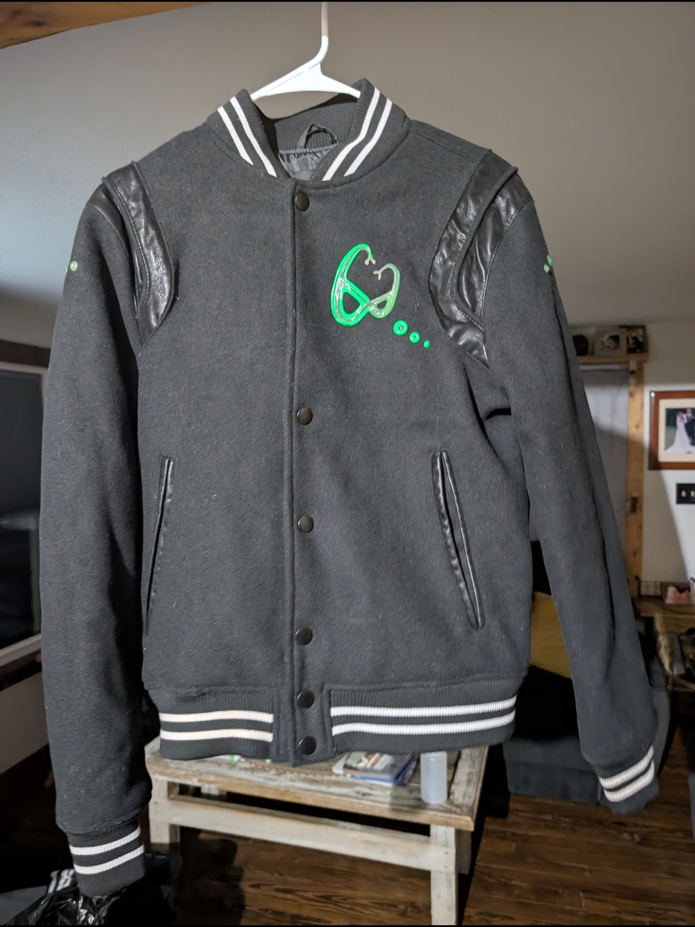 Source Unknown Black Varsity Jacket with Green Emblem